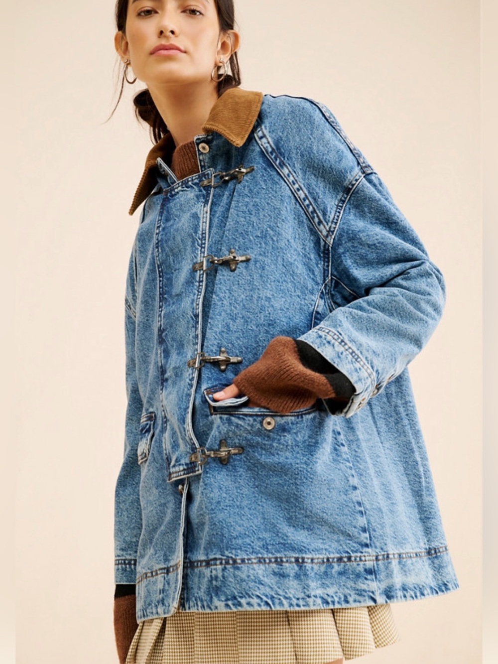 We The Free Light Blue Denim Jacket with Brown Corduroy Collar